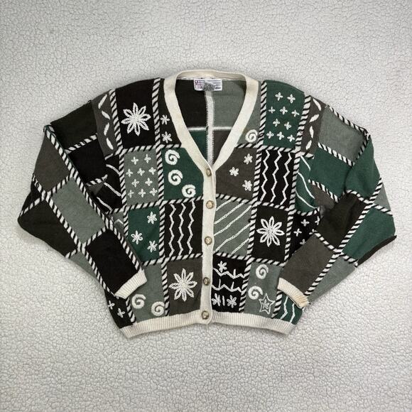 Vtg Knit Cardigan Sweater Sz M Green Check Cottage Grandma 90s Mixed Print - Picture 1 of 9